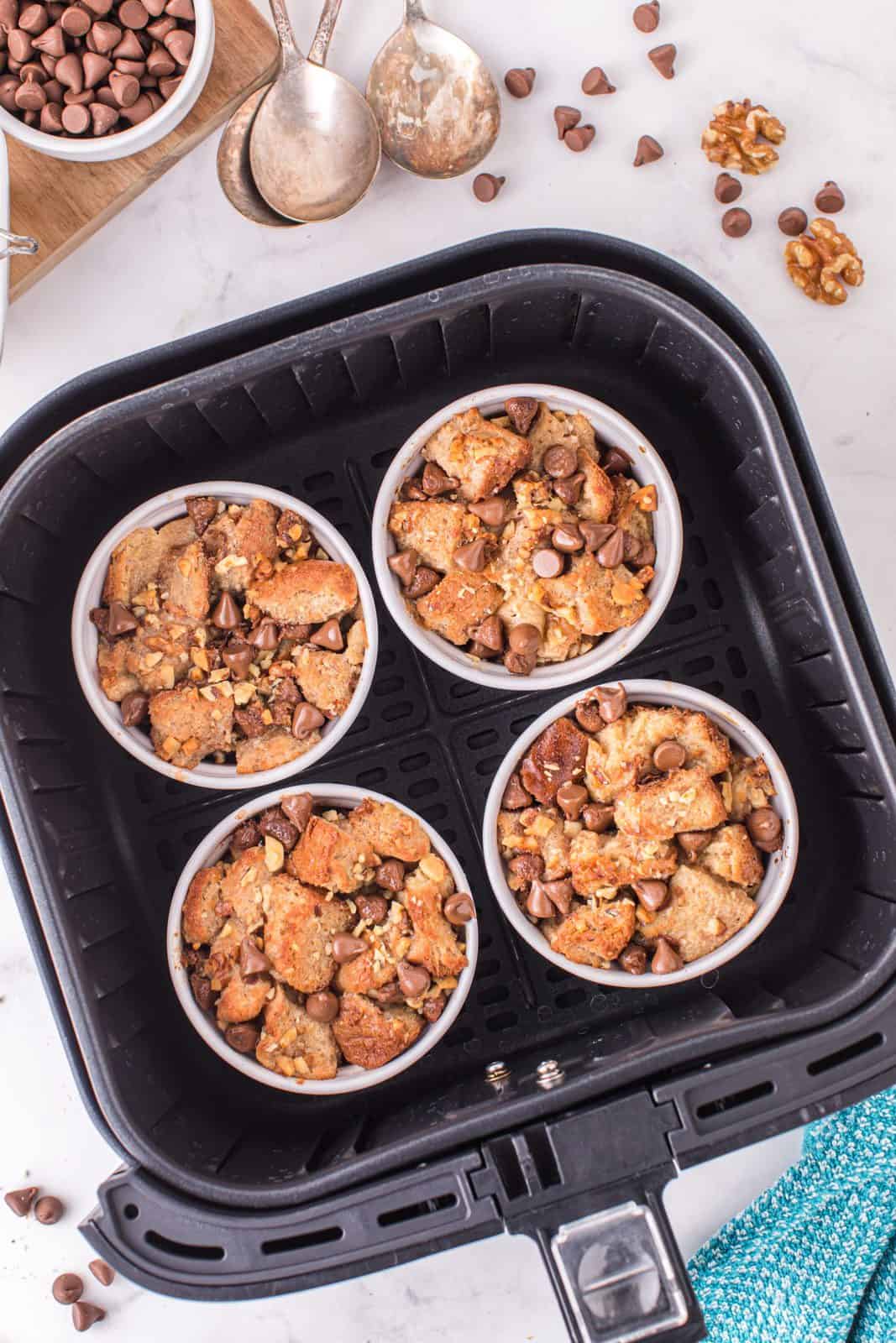 Finished Bread Pudding in air fryer basket.