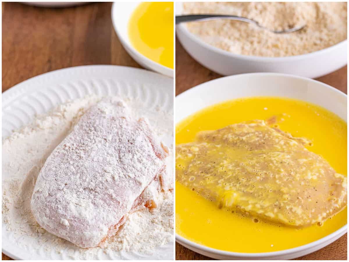 collage of two photos: chicken coated in flour; chicken being dipped and coated in egg mixture.