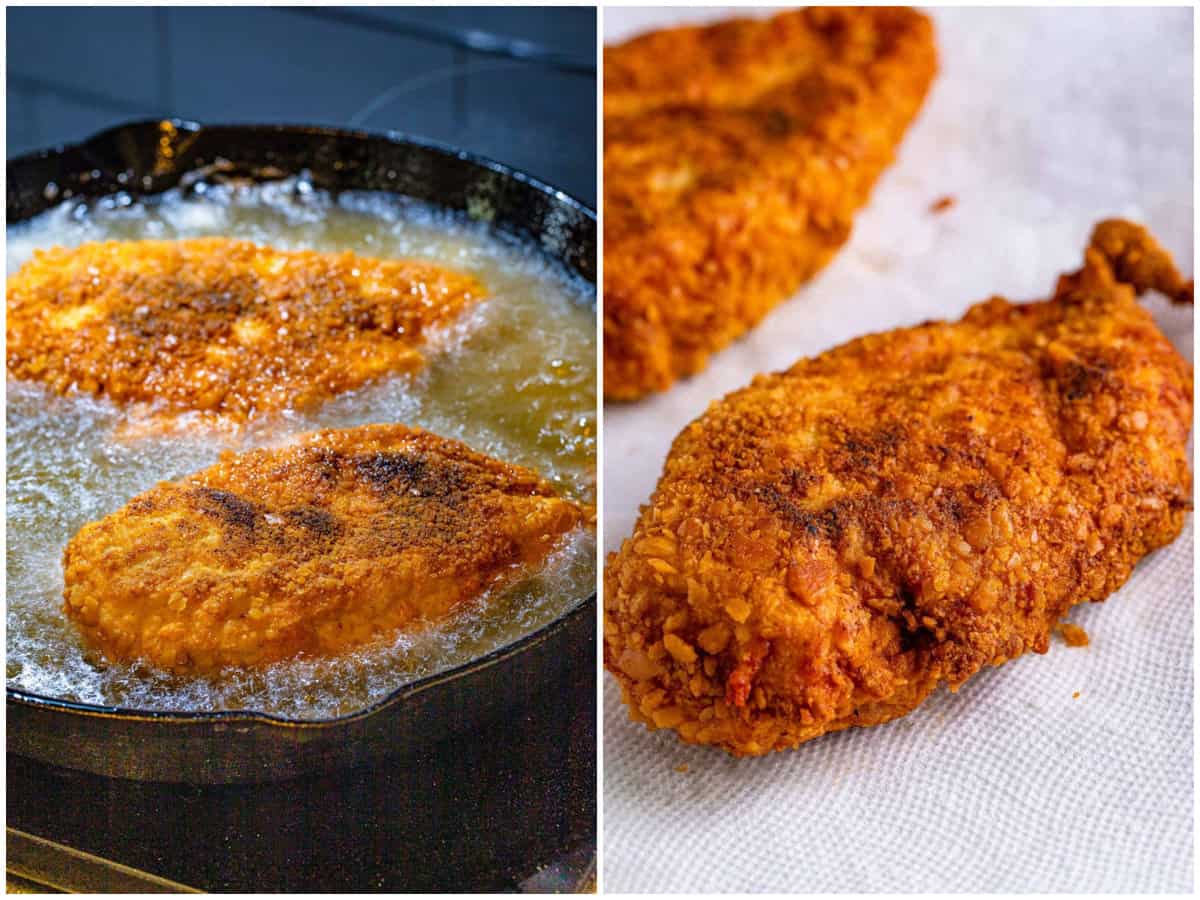 collage of two photos: chicken being fried in oil; chicken fried chicken on paper towels.