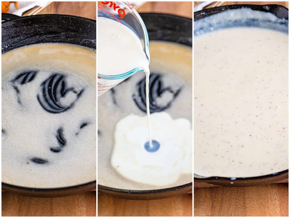 collage of three photos: flour and shortening mixed together in skillet; milk being poured into skillet; fully made gravy with seasonings in skillet. 