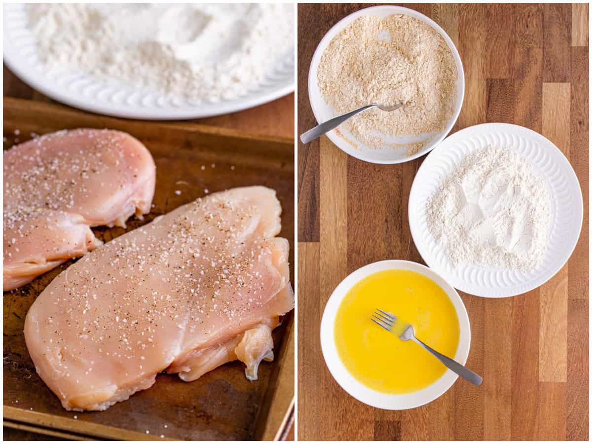 collage of two photos: chicken breasts seasoned with salt and pepper; egg and milk whisked together in shallow plate, flour placed in shallow plate and flour, saltine cracker crumbs, seasoned salt, garlic powder and cayenne pepper mixed in a shallow dish.