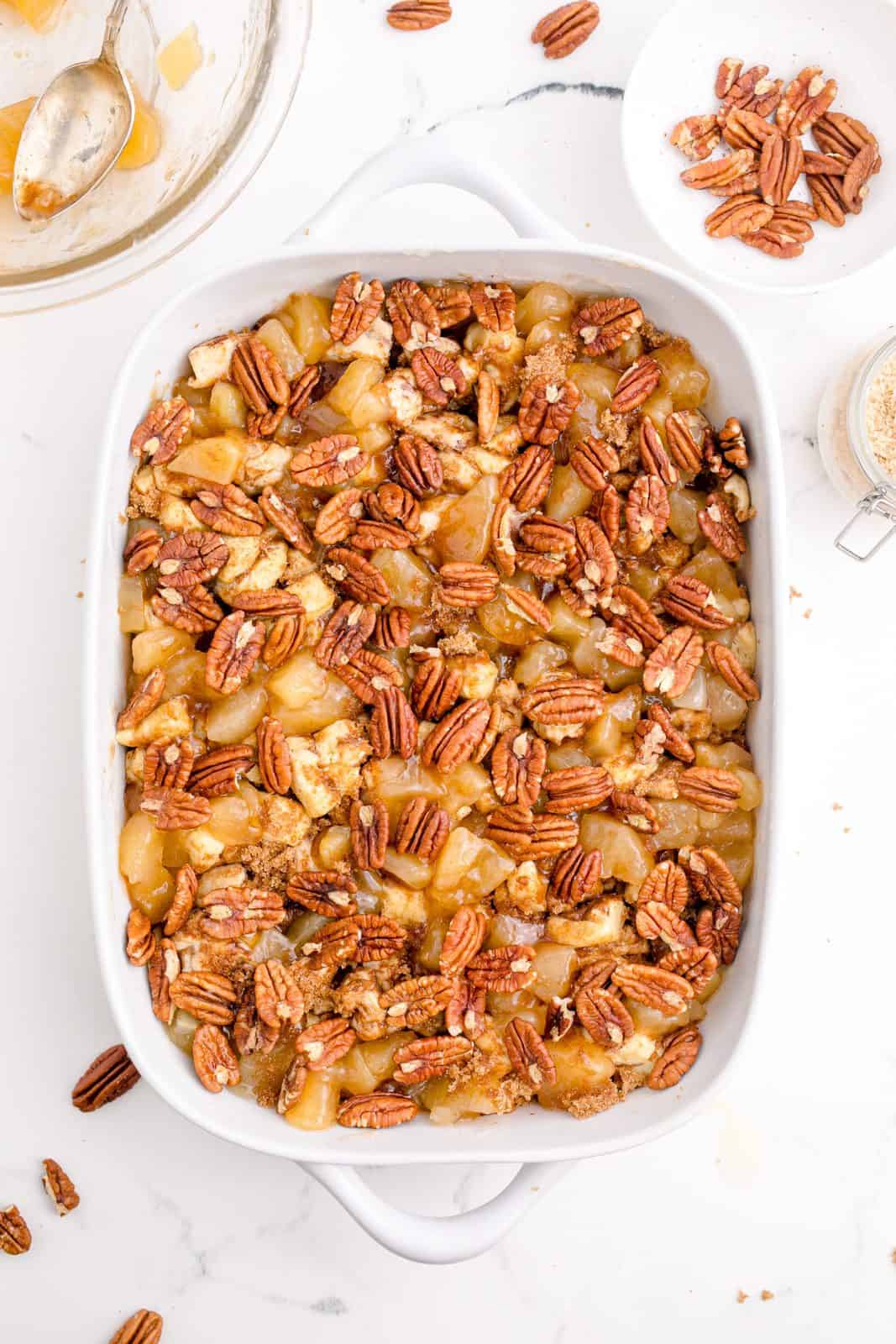 Pecans topping casserole.