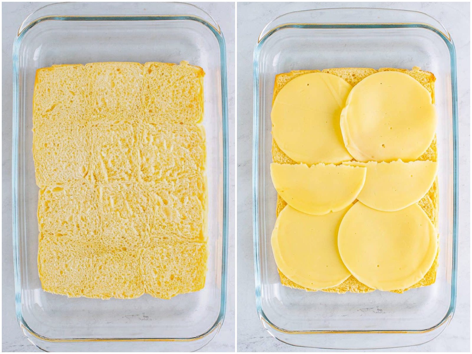 collage of two photos: bottom half of Hawaiian Rolls in baking dish; sliced provolone cheese added on top of rolls. 
