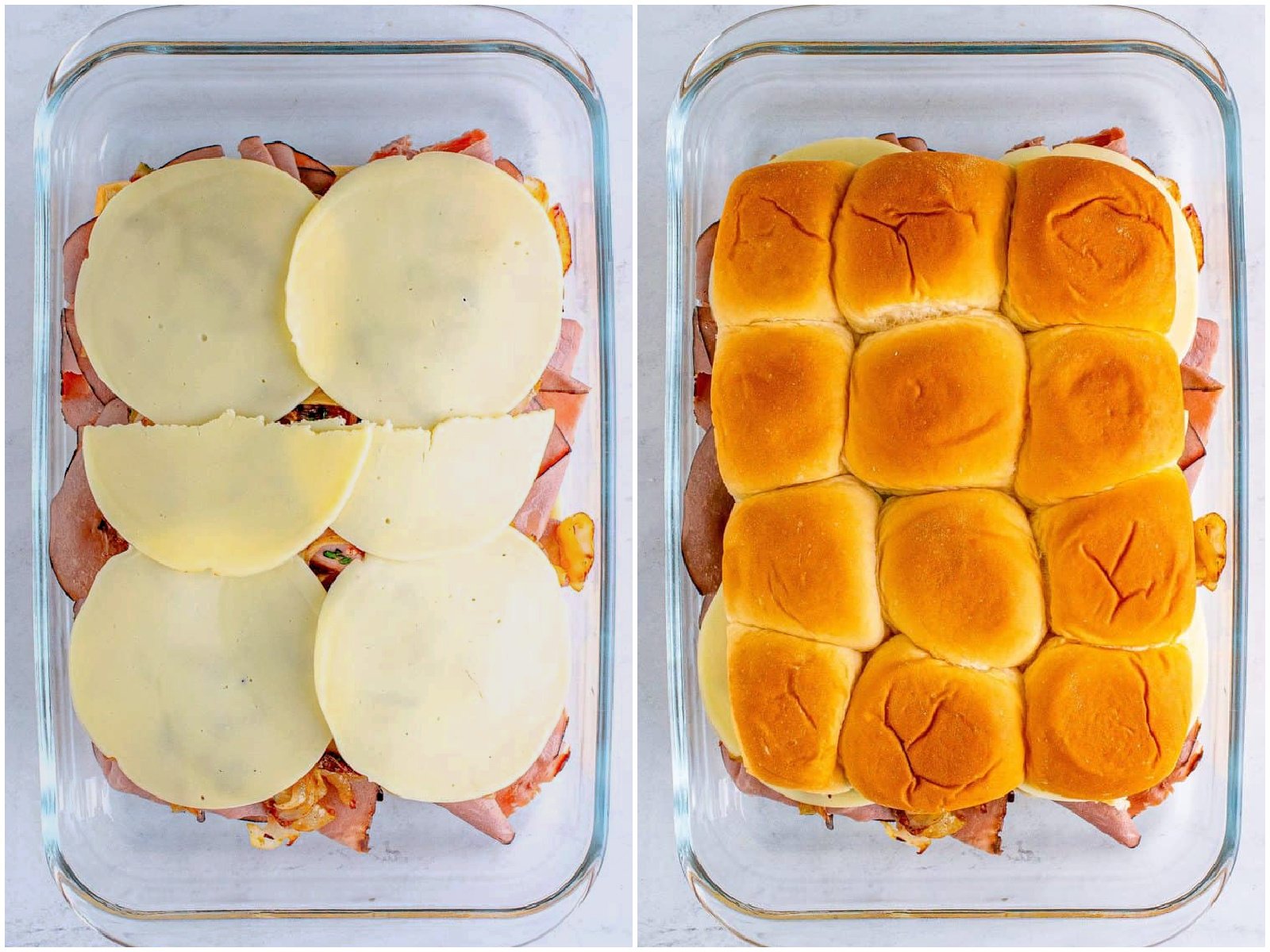 collage of two photos: last layer of provolone cheese slicers added on top of rolls; top half of Hawaiian Rolls added. 