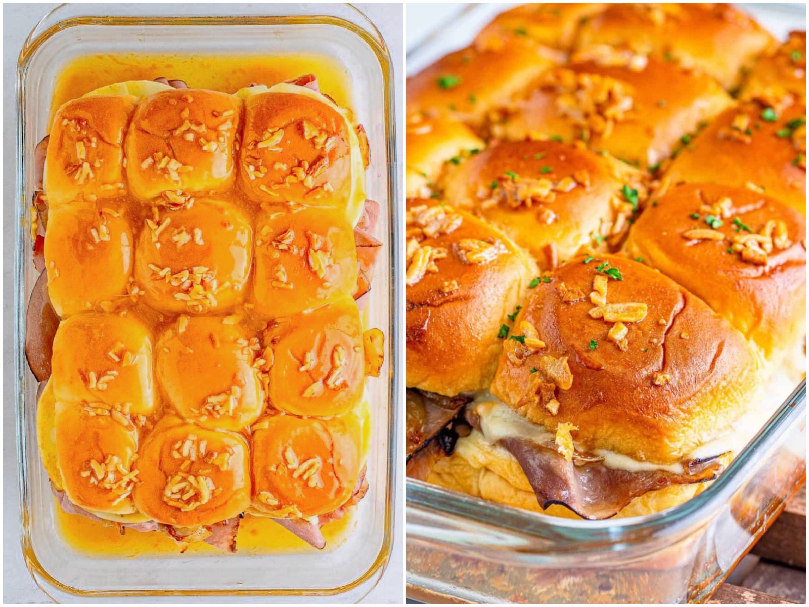 collage of two photos: Onion soup mixture brushed on top of sliders in pan; fully baked French Dip Sliders in baking dish. 