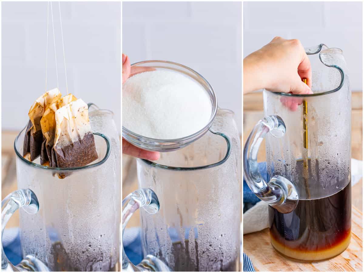 collage of three photos: tea bags being removed from pitcher; sugar being added to pitcher, a straw stirring the sugar into the tea in the pitcher.