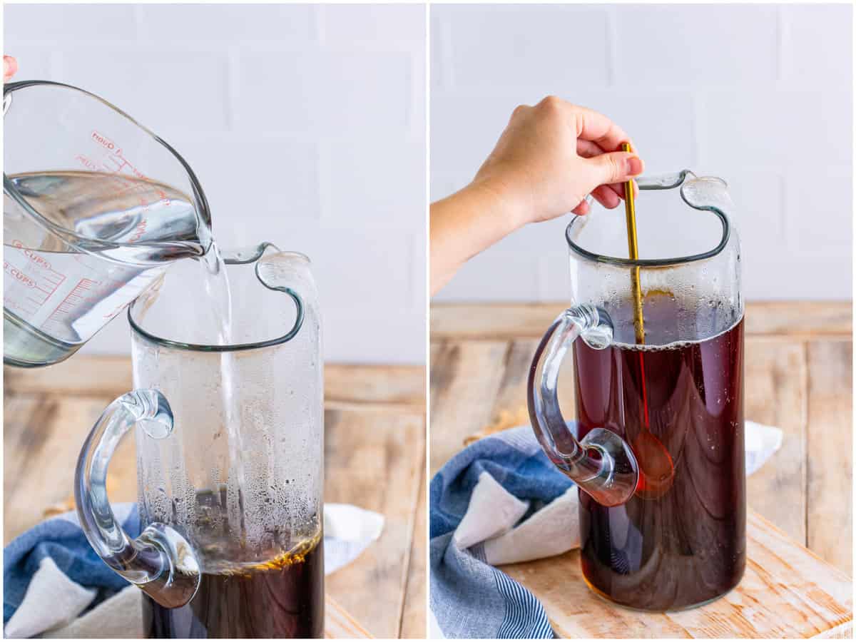 collage of two photos: cold water being poured into pitcher with tea; a large metal straw stirring the tea. 