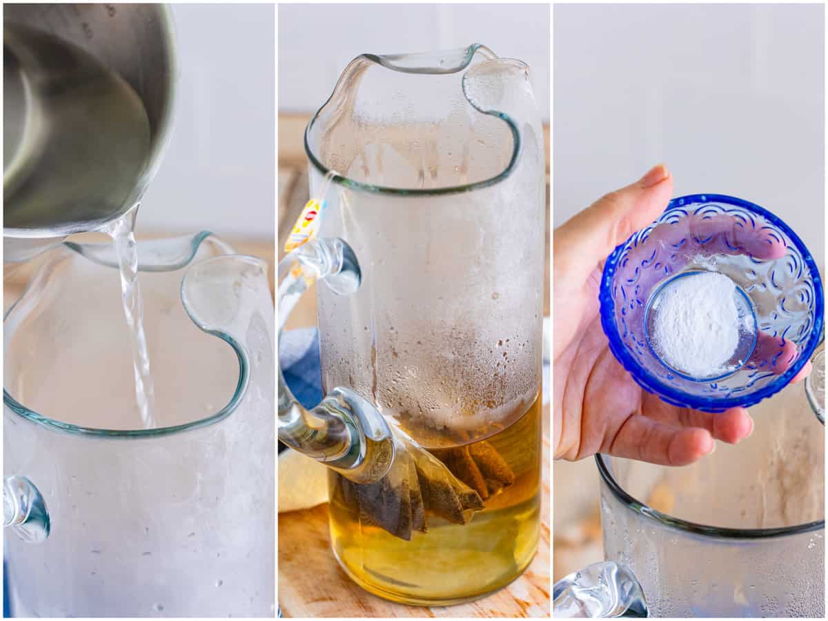 collage of three photos: boiling water being poured into a pitcher; three large tea bags added to boiling water in pitcher; a small bowl with baking soda being poured into same pitcher. 