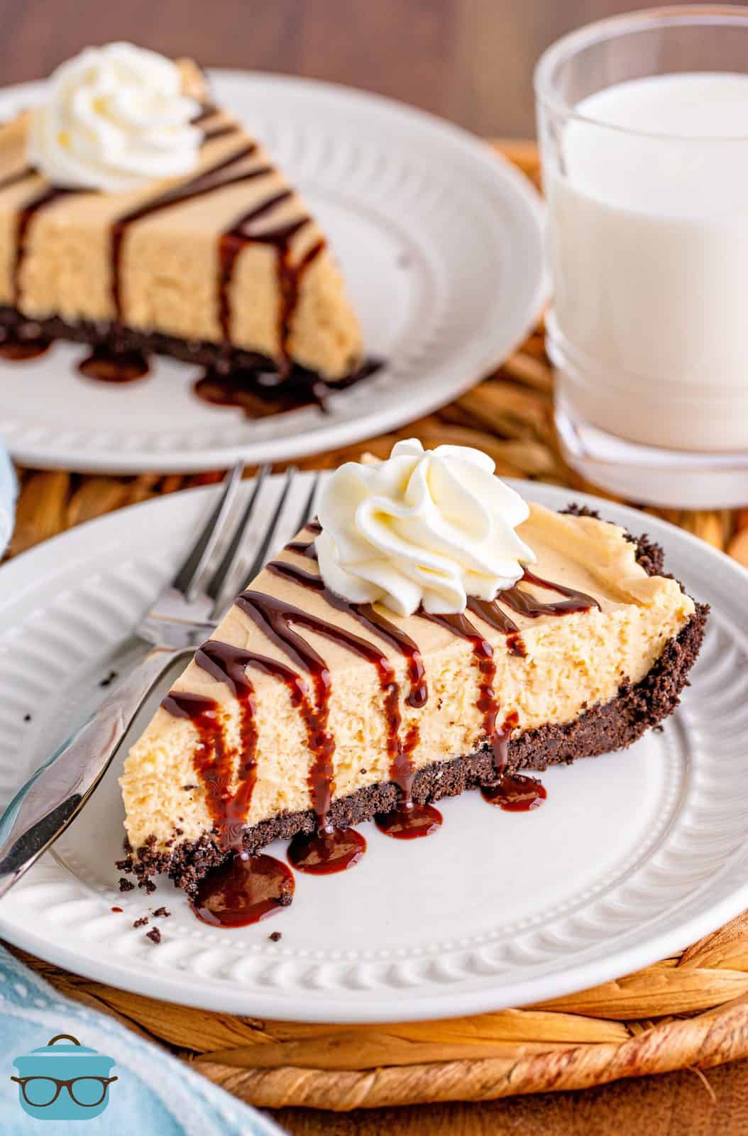 Slice of Peanut Butter Pie drizzled with chocolate and topped with whipped cream on white plate.