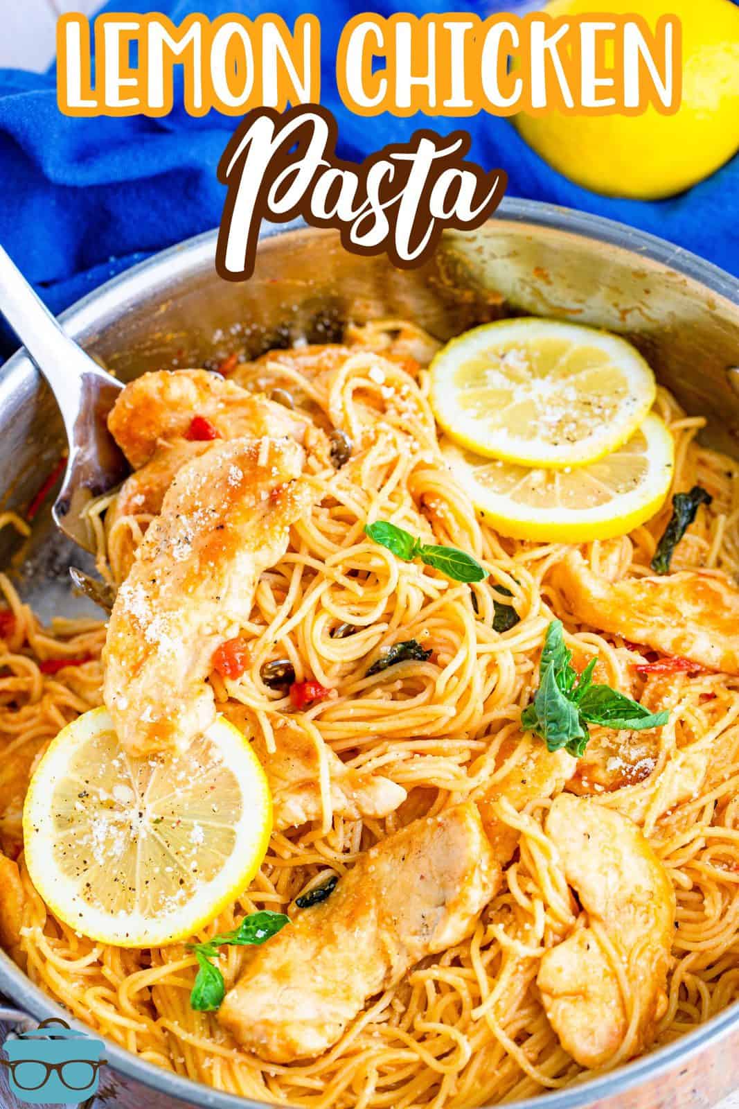 Pinterest image of Lemon Chicken Pasta on serving spoon slightly out of pan.
