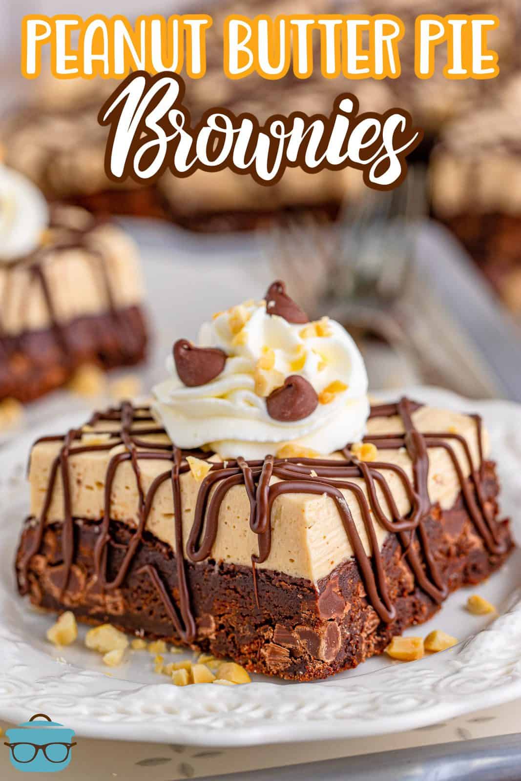 Pinterest image of one Peanut Butter Pie Brownie on plate garnished.