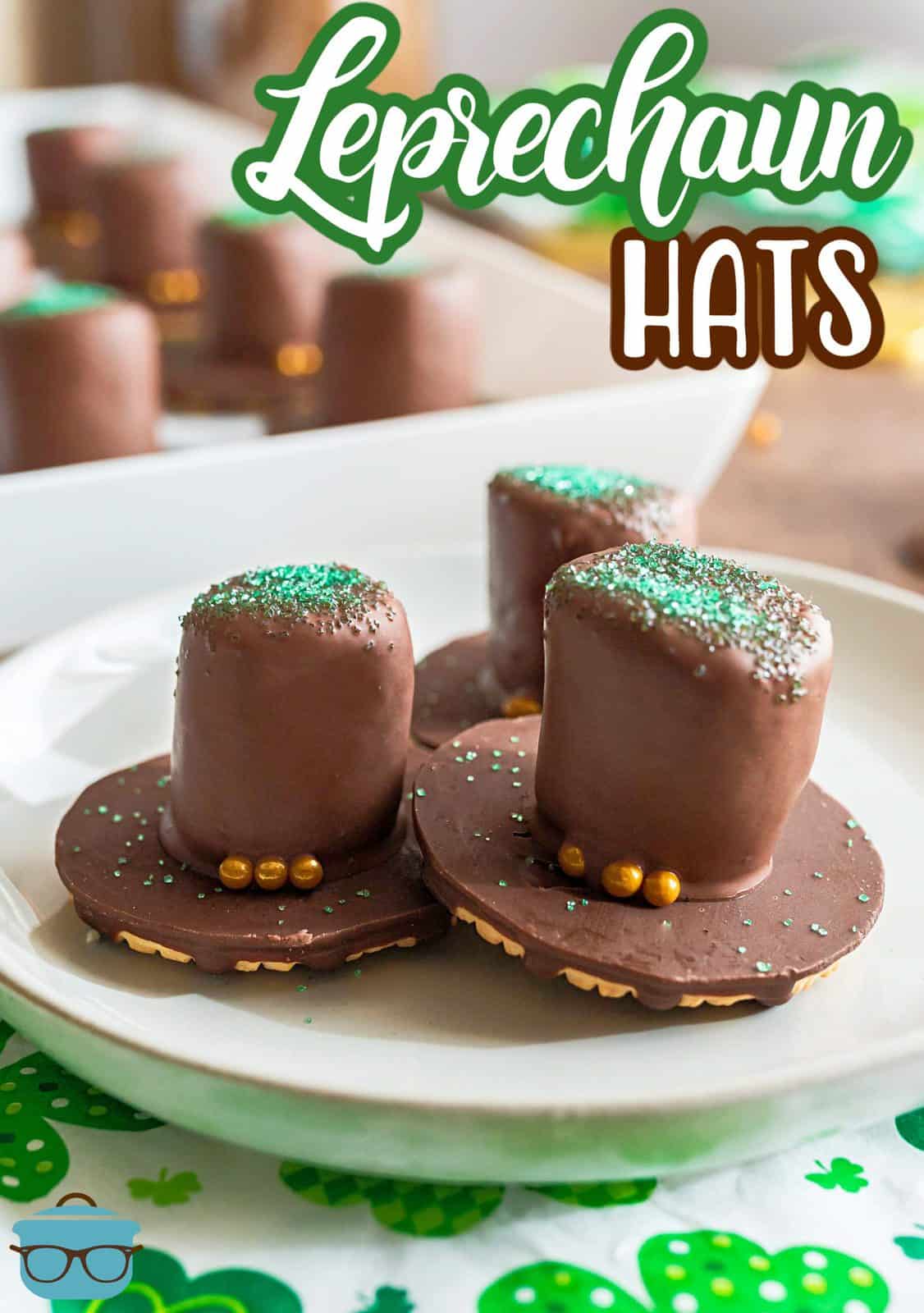Three St. Patrick's Day Leprechaun Hats on white plate pinterest image.