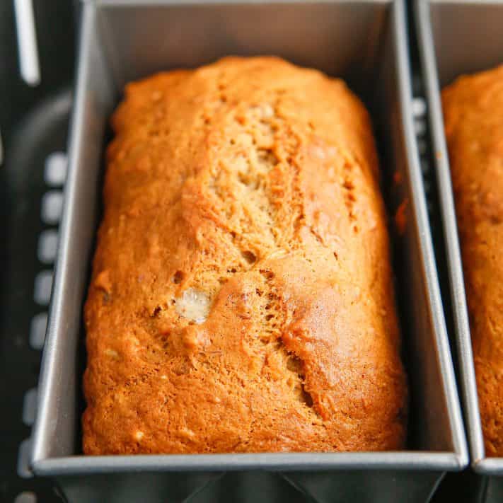 Square image of Air Fryer Banana Bread in loaf pan.