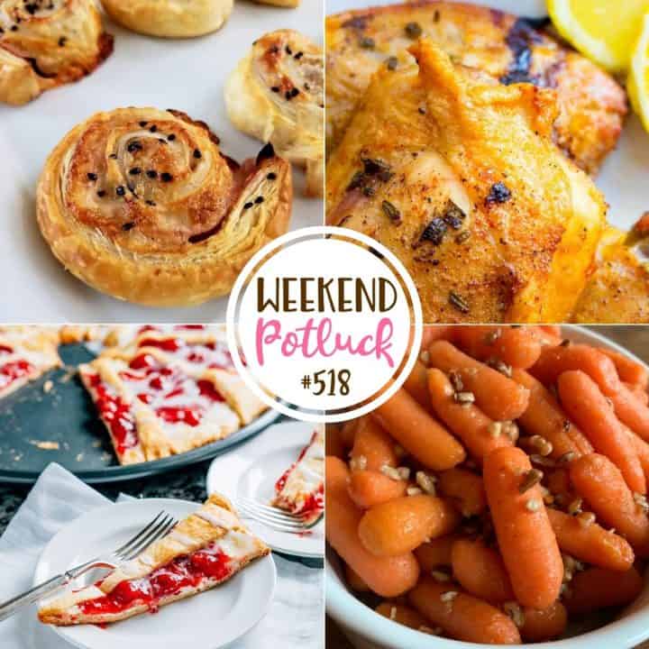 Weekend Potluck recipes: Air Fryer Garlic Rosemary Chicken Thighs, Cherry Cream Cheese Crescent Ring, Ham and Cheese Pinwheels and Maple Glazed Carrots with Pecans