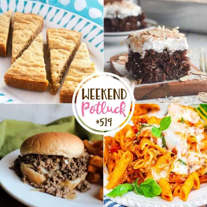 Weekend Potluck featured recipes: Brown Sugar Shortbread, Almond Joy Poke Cake, Maid Rite Sandwiches, Chicken Parmesan Casserole.
