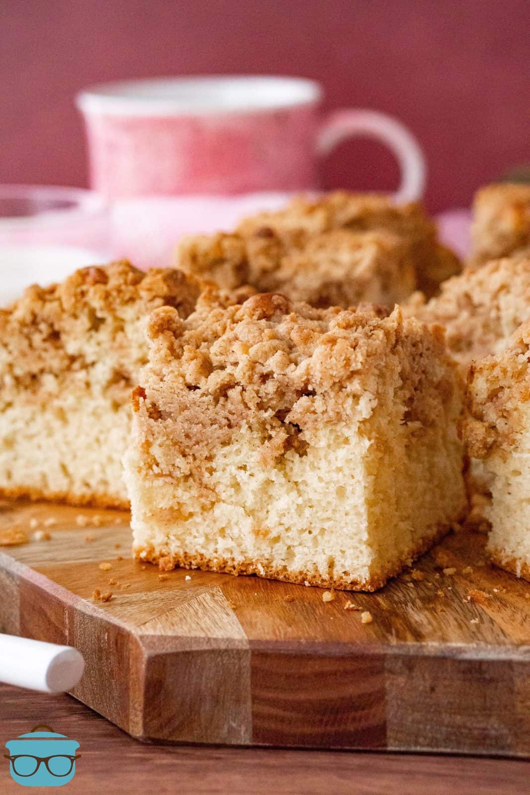 Bisquick Coffee Cake on wooden board.