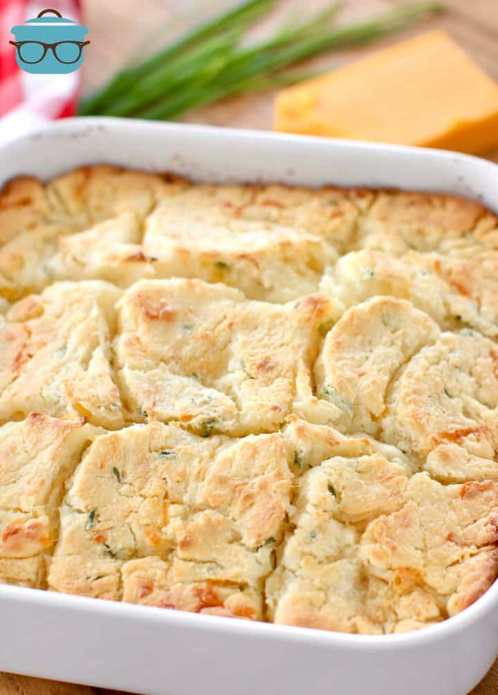 closeup photo of cheddar garlic butter swim biscuits, fully baked, in a white baking dish.