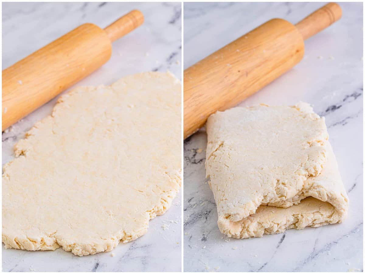 collage of two photos: rolled out biscuit dough with a wooden rolling pin; biscuit dough filled into thirds. 