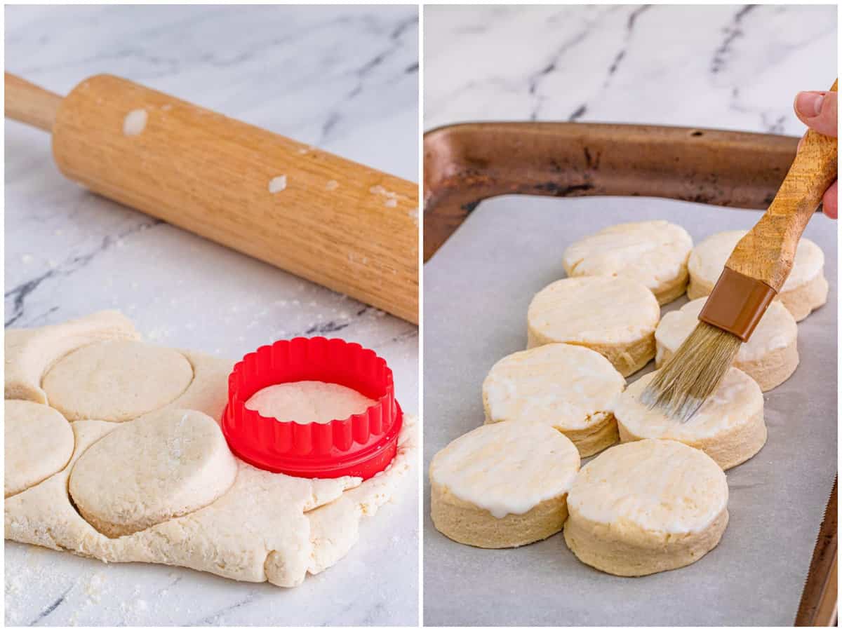 collage of two photos: biscuits being cut out with a biscuit cutter; buttermilk being spread on with a pastry brush onto the uncooked biscuits. 