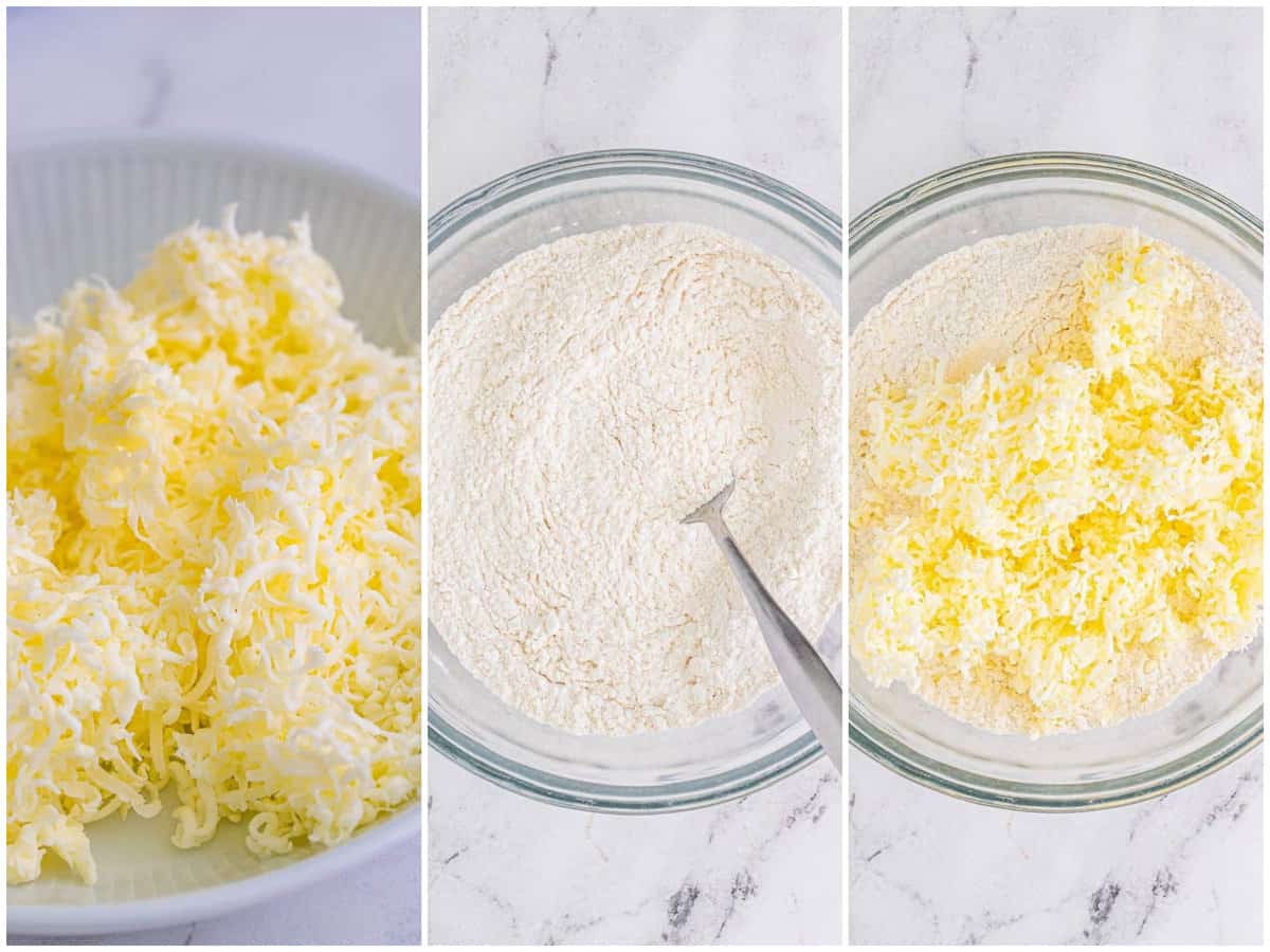 collage of three photos: shredded butter in a bowl; flow mixture in a separate bowl; shredded butter add to bowl with flour. 