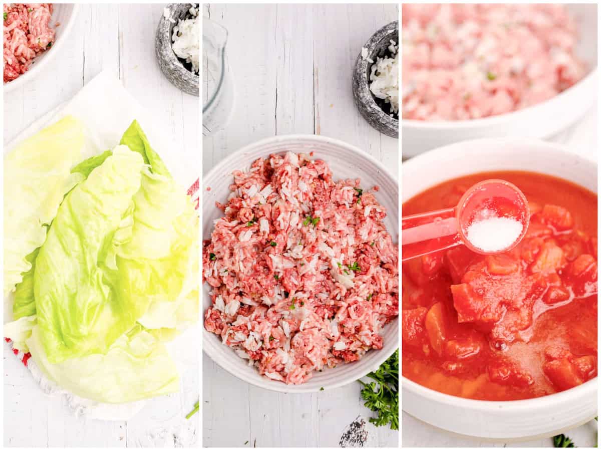 a collage of three photos: cabbage leaves being dried on paper towel, filling mixture mixed up in a bowl and tomato soup, diced tomatoes and sugar being mixed together in a separate bowl. 