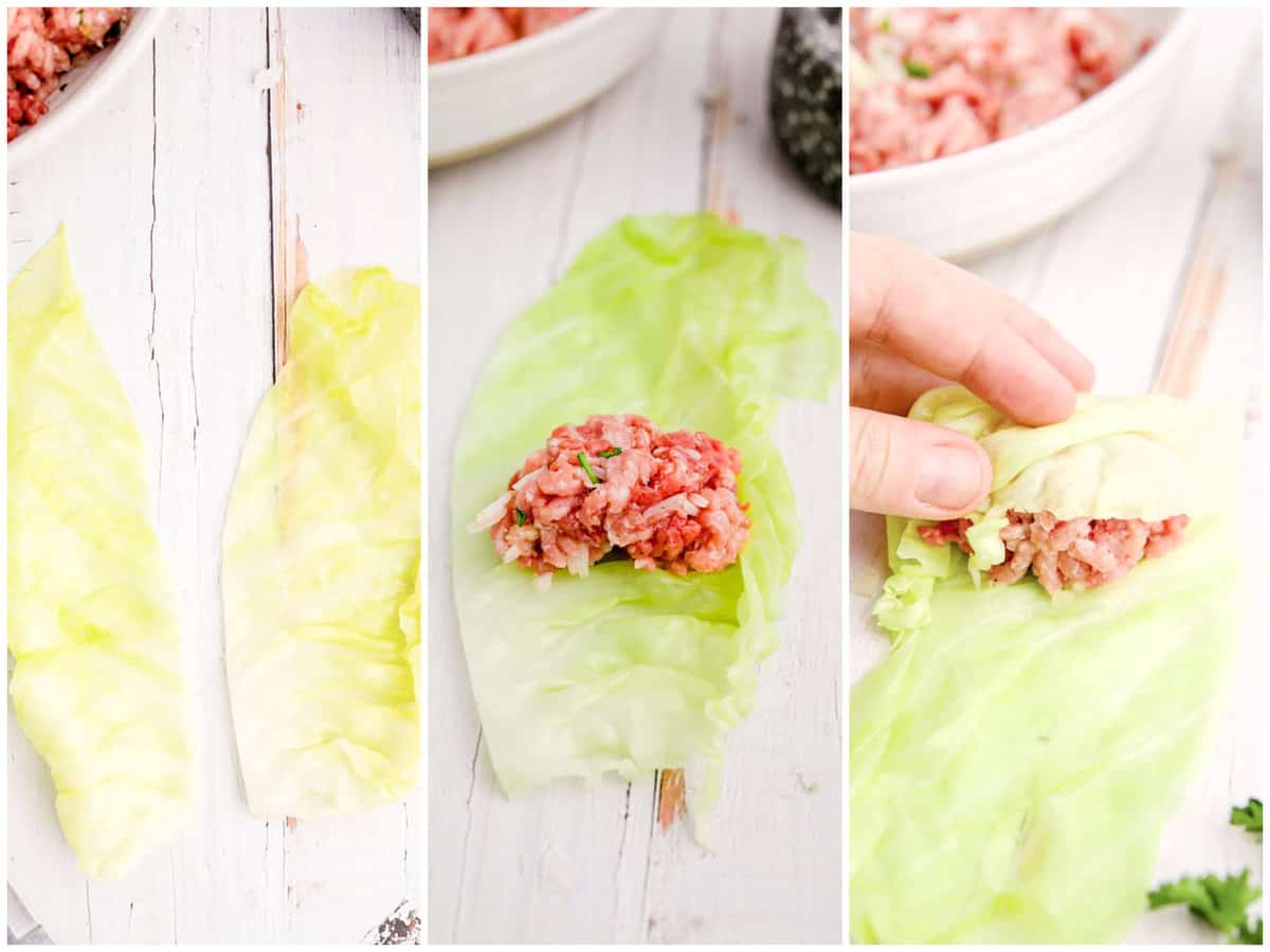 collage of three photos: hard ridges removed from cabbage leaves creating two leaves, filling placed in center of cabbage leaf and cabbage being rolled up over filling.