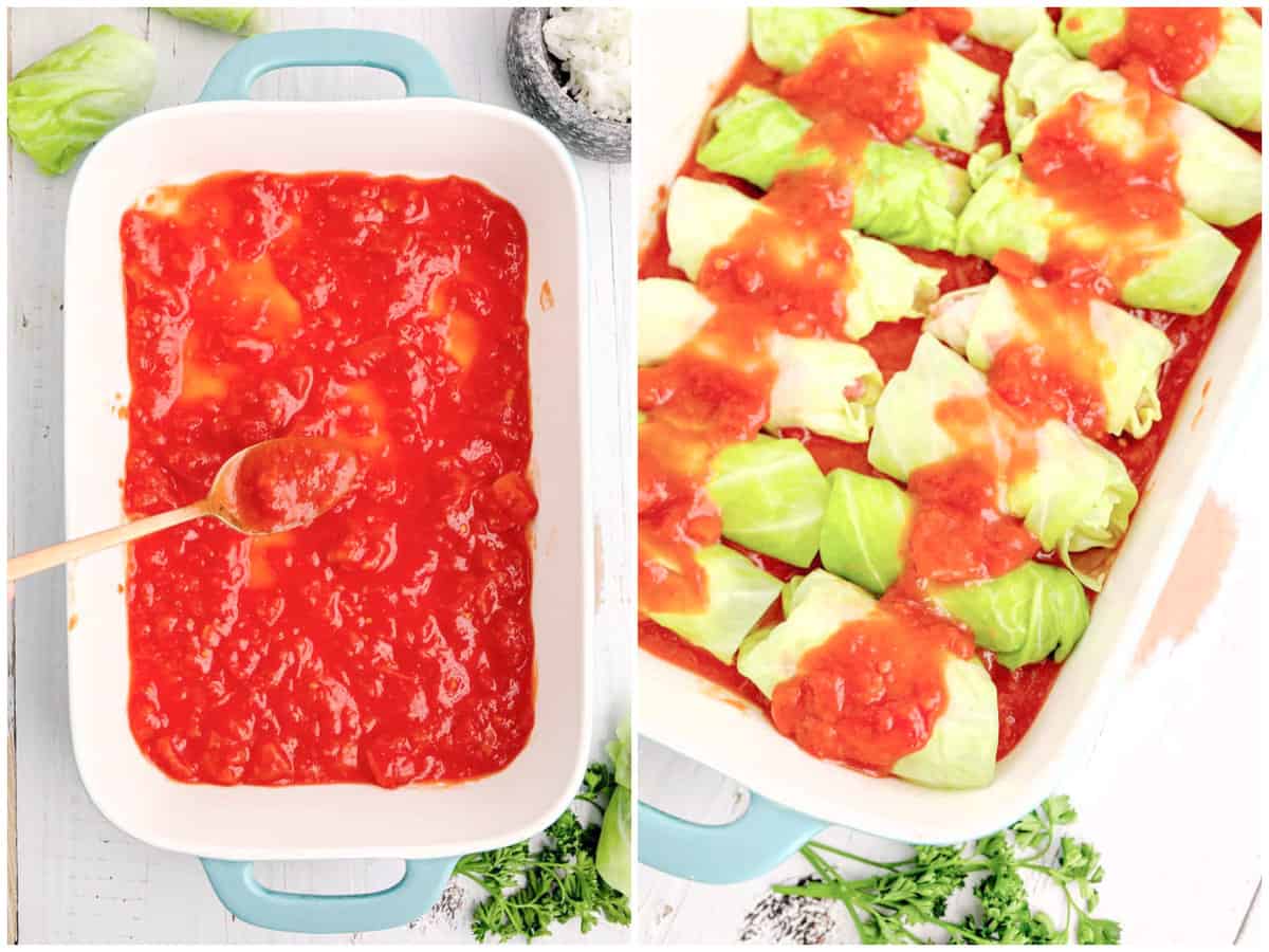 a collage of two photos: tomato sauce spread into the bottom of a baking dish and cabbage rolls placed in baking dish and covered with remaining sauce.