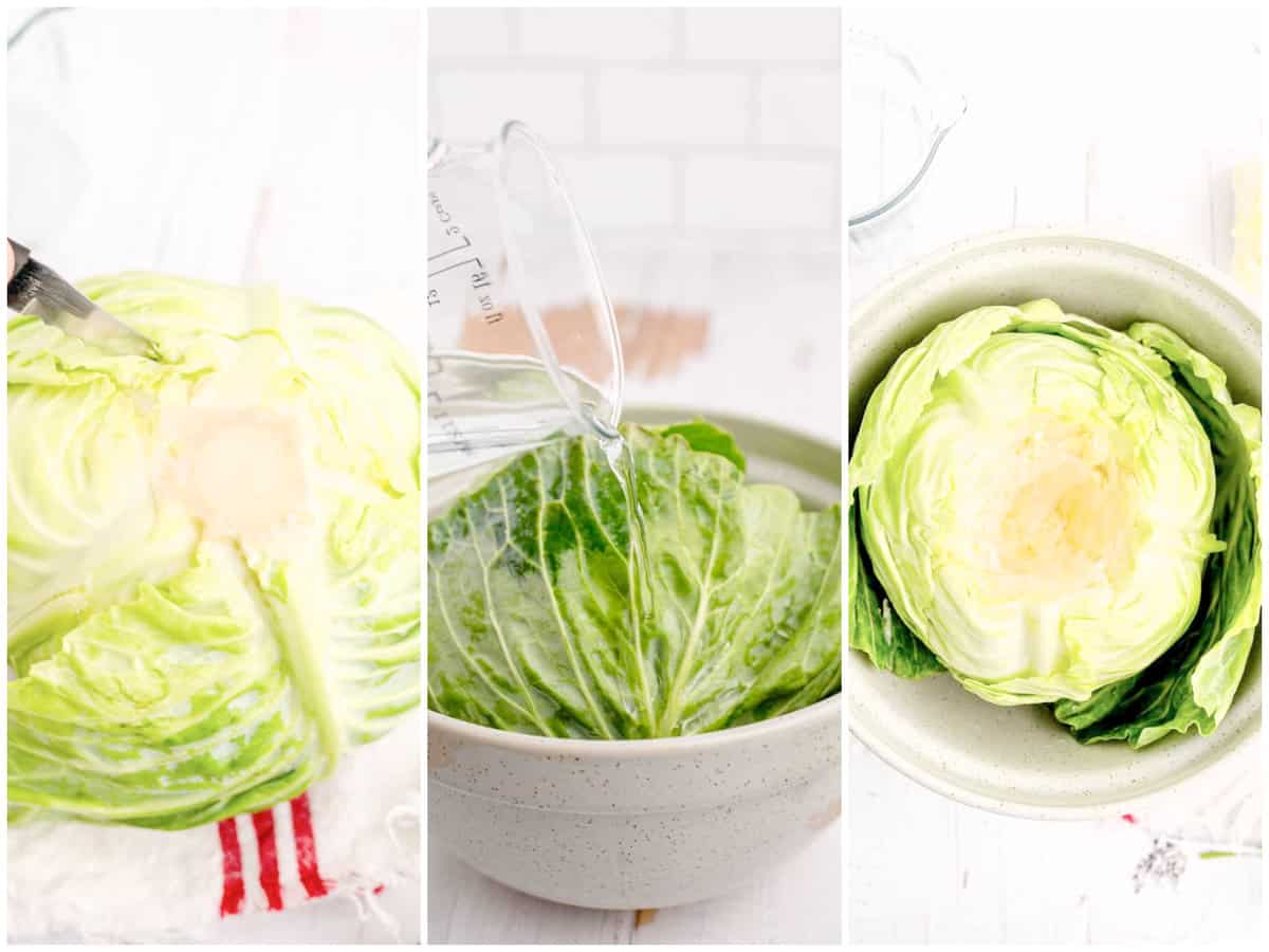collage of three photos: core being removed from cabbage, water being poured over cabbage and cabbage cooling in bowl.