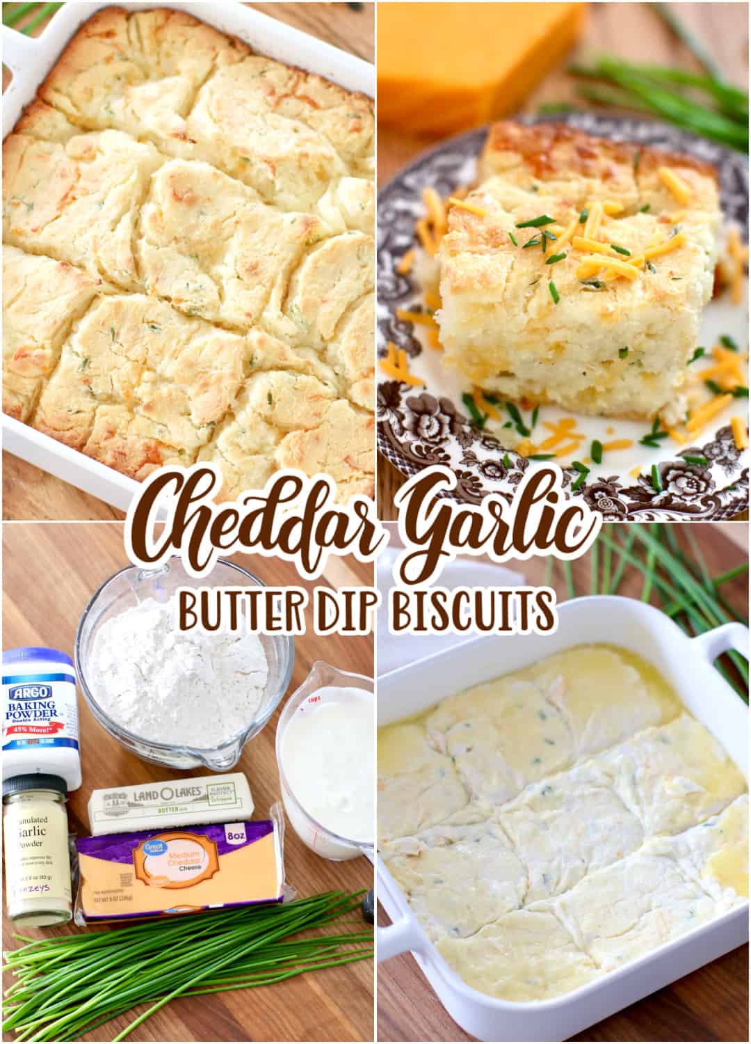 Photo collage with 4 photos of Cheddar Garlic Butter Dip Biscuits by The Country Cook - photo of the ingredients, photo of biscuits in white baking dish before baking, photo of biscuits after baking and a photo of a biscuit on a plate. 