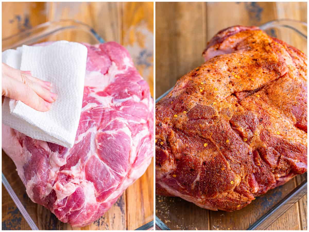collage of two photos: patting the pork shoulder dry with a paper towel; pork rub shown all over the pork shoulder. 