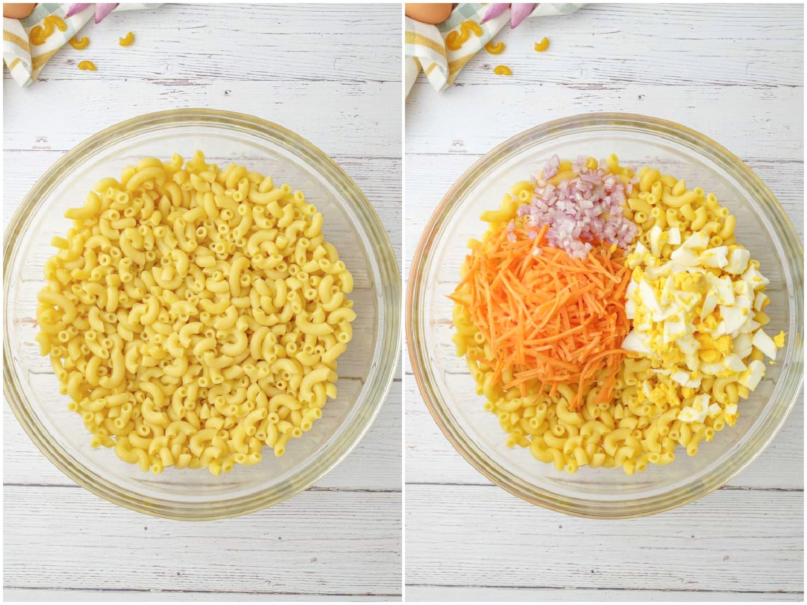 collage of two photos: cooked macaroni noodles in a bowl; shredded carrots, diced shallots and diced boiled eggs added to macaroni in bowl. 