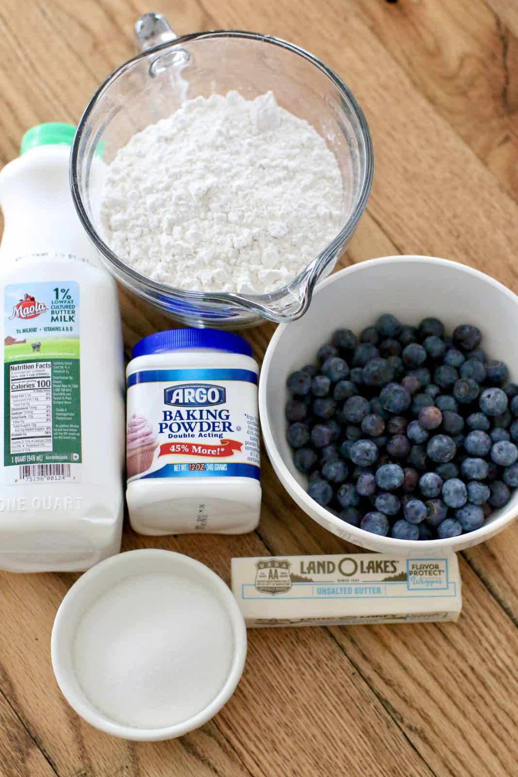 Buttermilk, fresh blueberries, all-purpose flour, baking powder, butter and sugar.