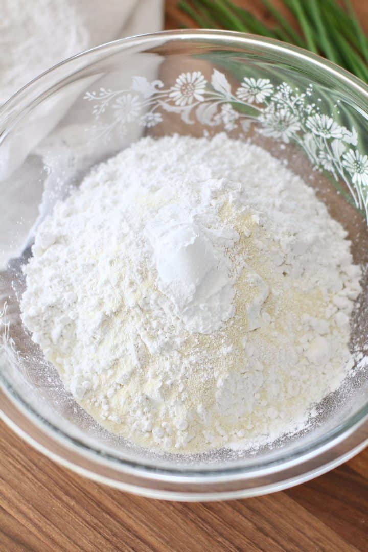 all purpose flour, salt, garlic powder, sugar and baking powder in a glass bowl