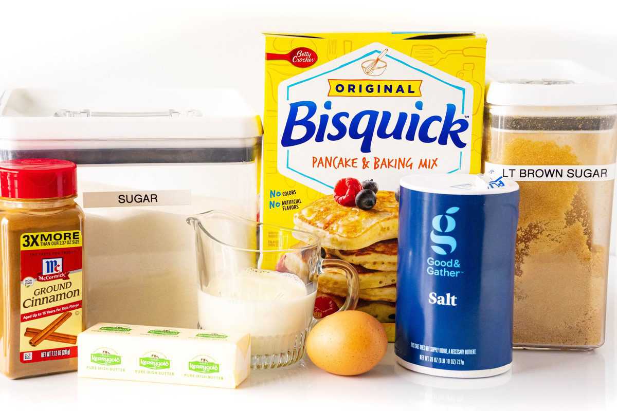 Ingredients needed: bisquick mix, whole milk, granulated sugar, eggs, vanilla extract, salt, salted butter melted, light brown sugar and ground cinnamon.