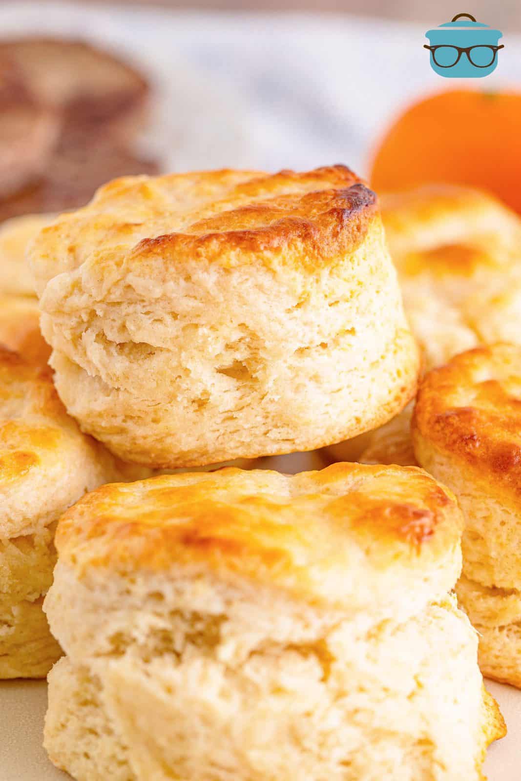 Close up of stacked Southern Buttermilk Biscuits.
