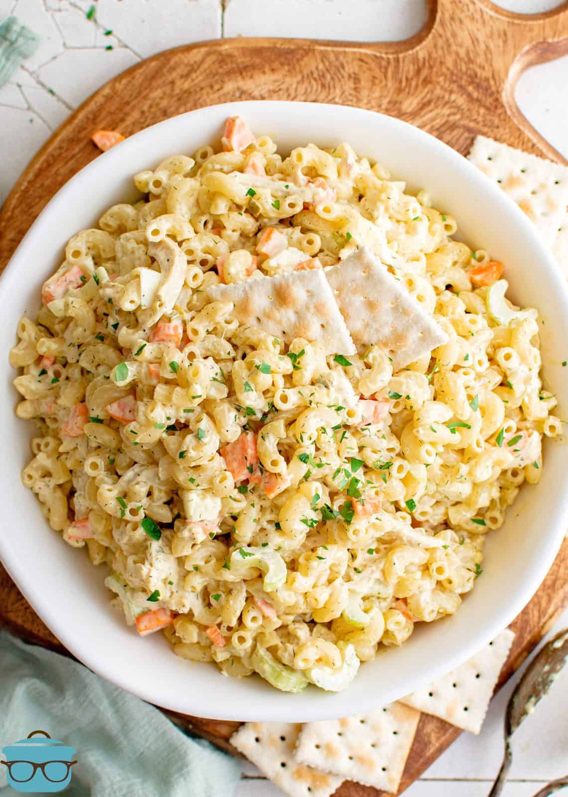 Overhead large bowl of finished Chicken Macaroni Salad.