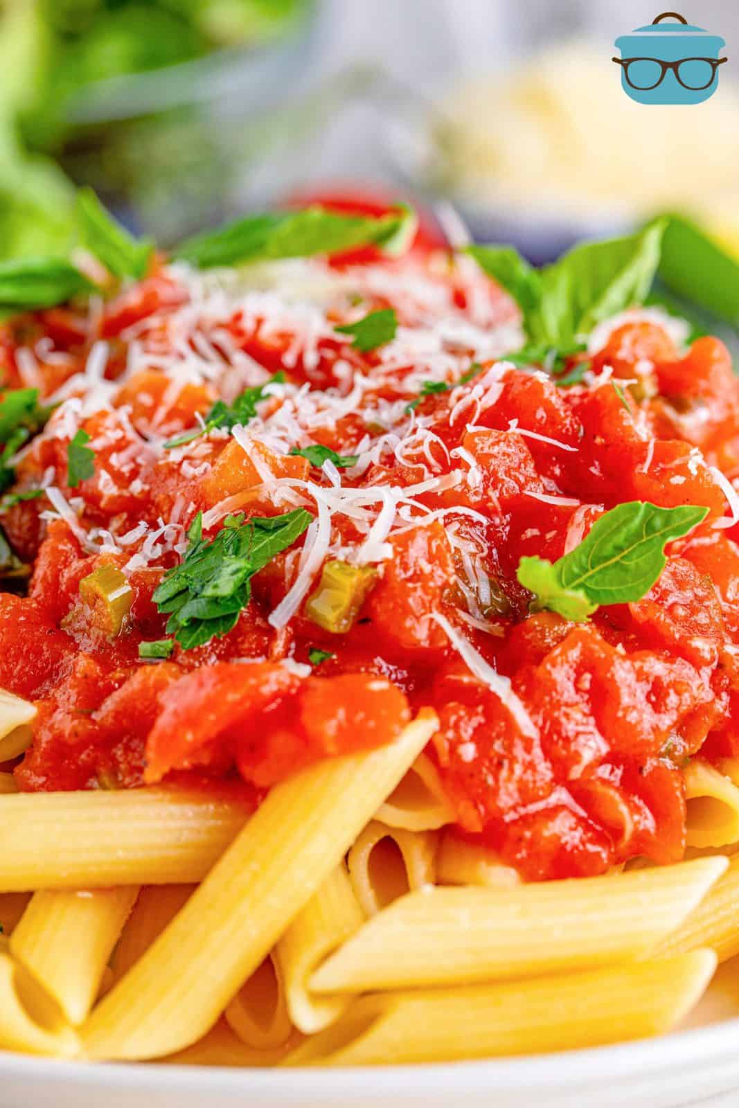 Close up of Easy Tomato Basil Sauce over pasta.