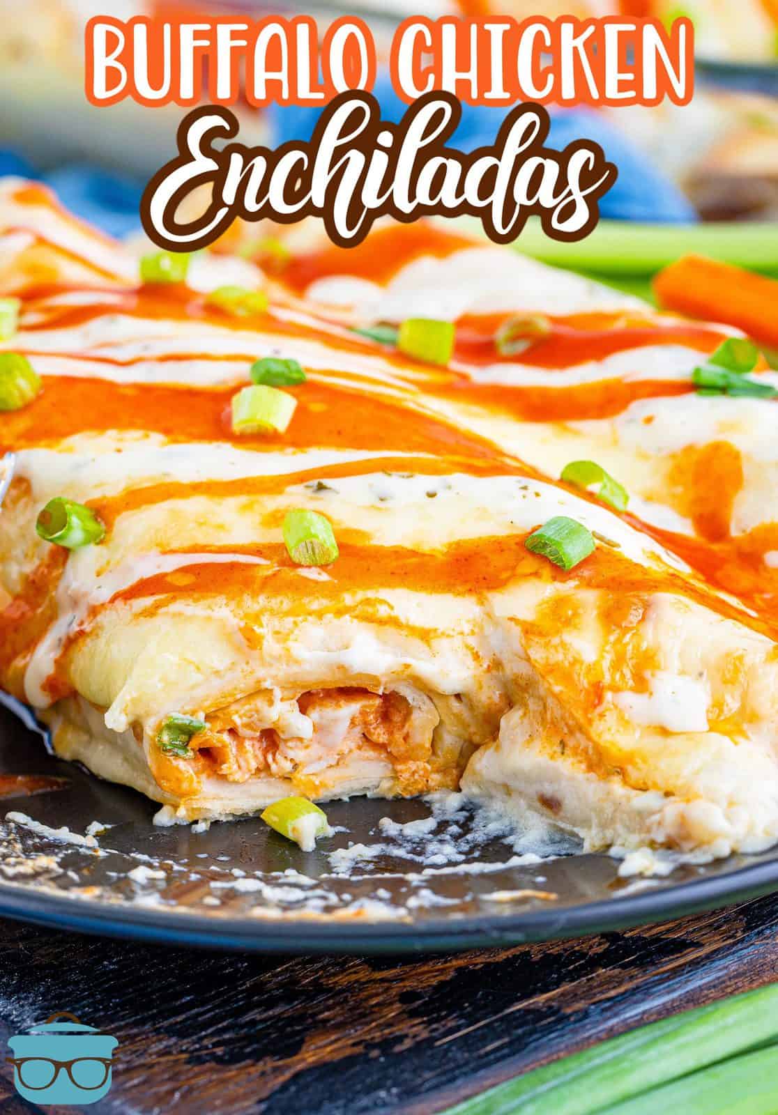 Pinterest image of Buffalo Chicken Enchiladas with bite taken out of one showing inside.