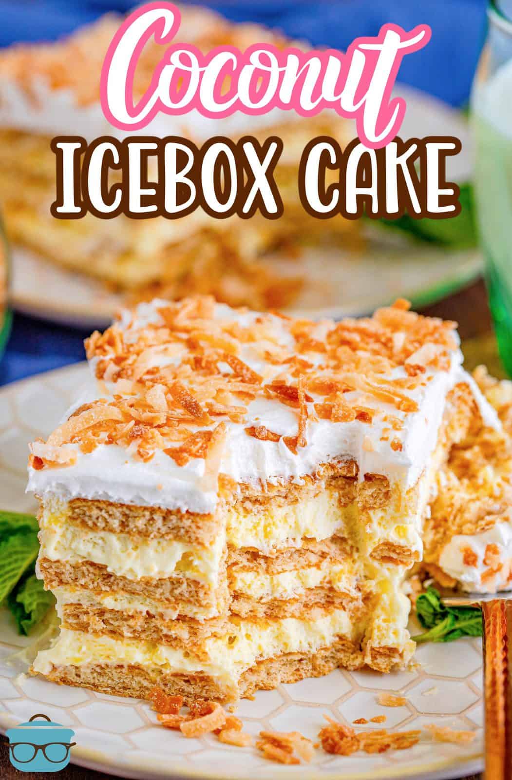 Pinterest image of slice of Coconut Icebox Cake with bite taken out of pice.