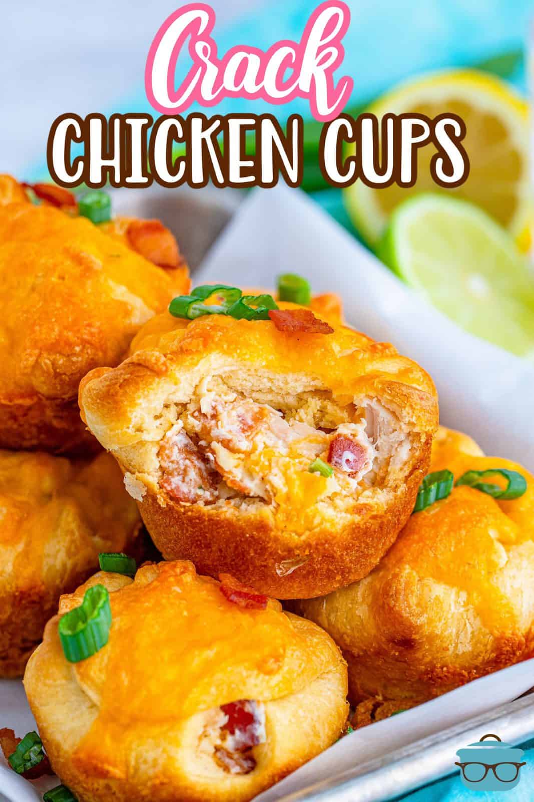 Stacked Crack Chicken Cups with bite taken out of top one Pinterest image.