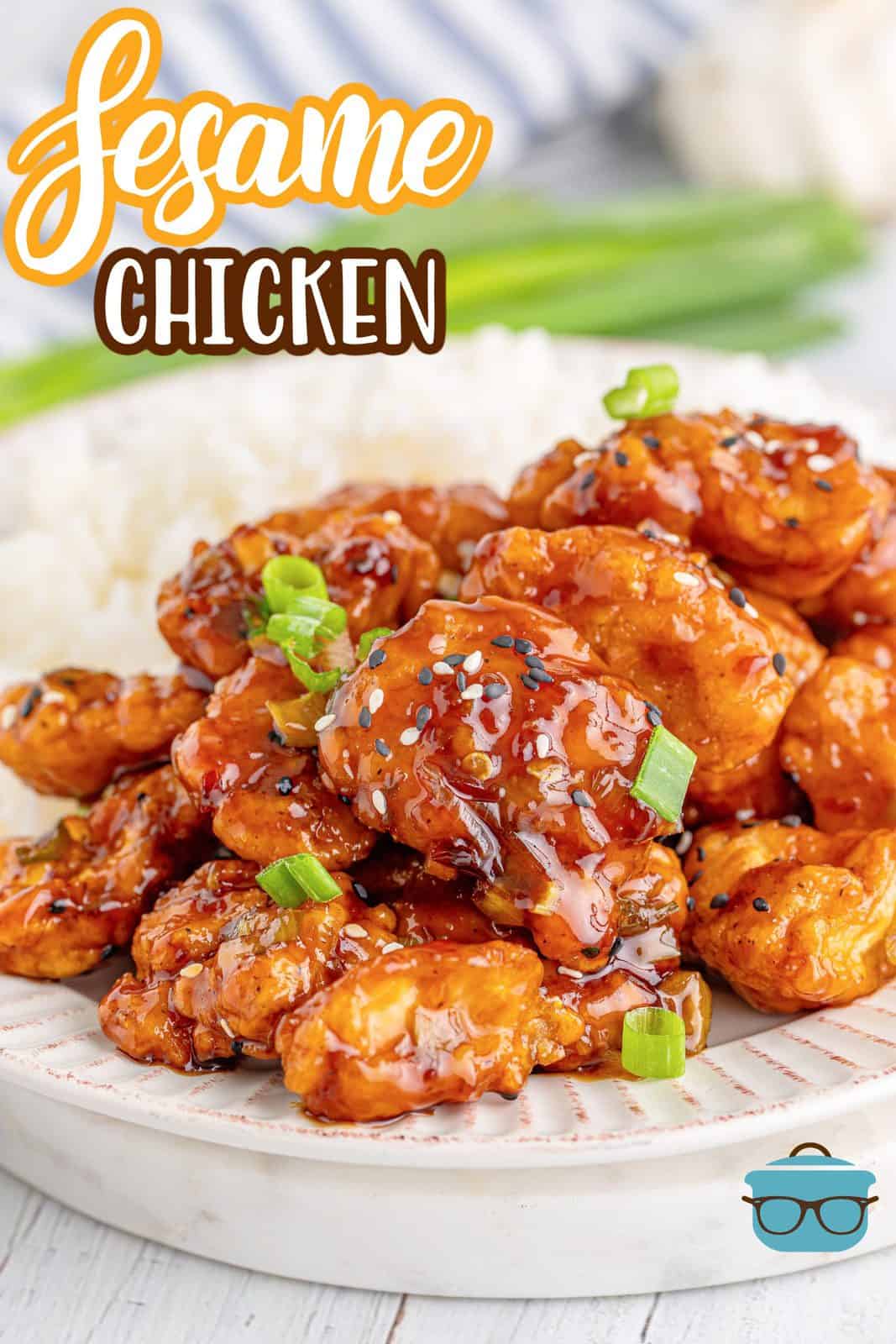 Close up of Easy Sesame Chicken on white plate with rice Pinterest image.