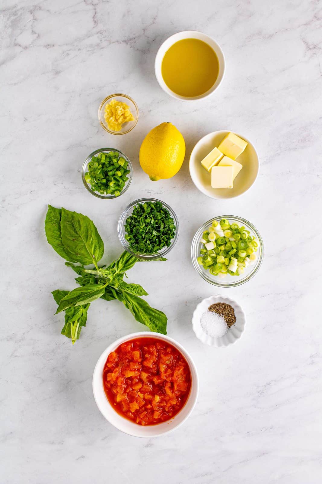 Ingredients needed: salted butter, olive oil, scallions, garlic, parsley, petite diced tomatoes, lemon juice, salt, pepper, basil leaves, and cooked pasta.