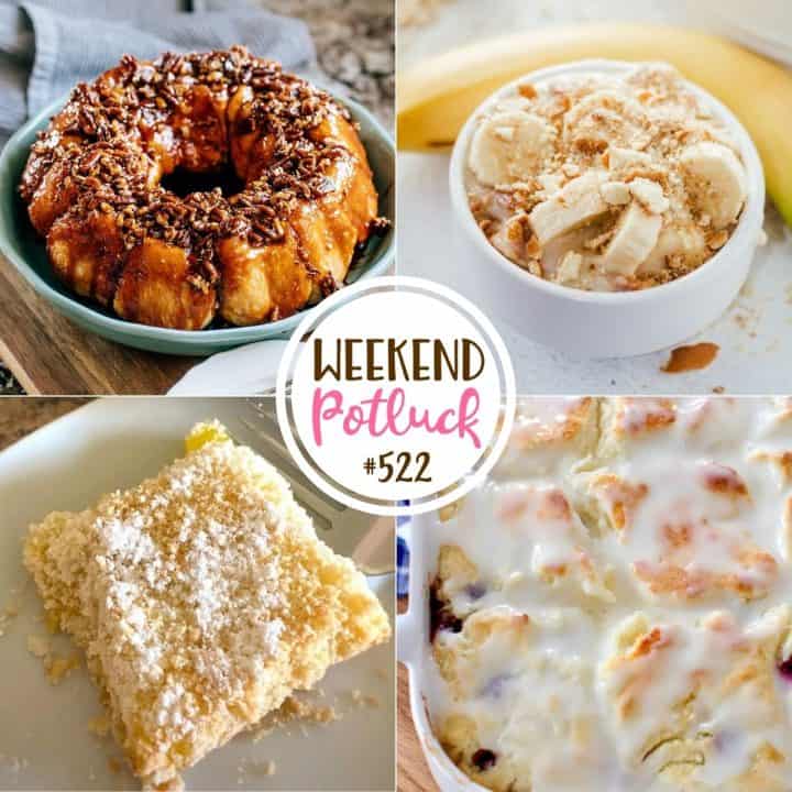 Weekend Potluck featured recipes: 3-Ingredient Lemon Bars, Butterscotch Coffee Cake, Grandma's Southern Banana Pudding, Blueberry Butter Dip Biscuits