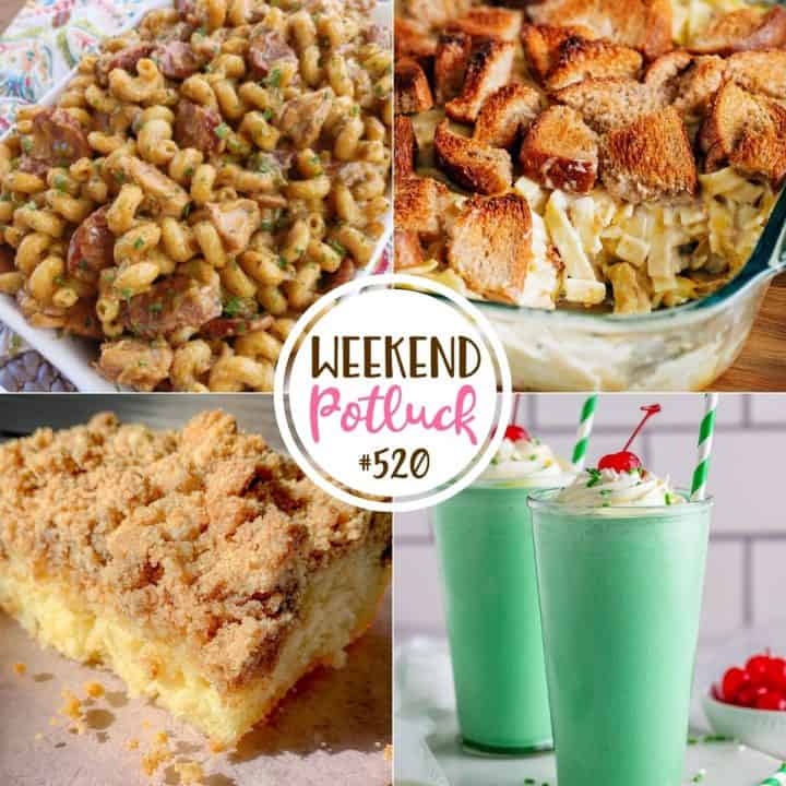 Weekend Potluck featured recipes include: Copycat Entenmann's Coffee Cake, Classic Tuna Noodle Casserole, Shamrock Shake and Cajun Pastalaya.