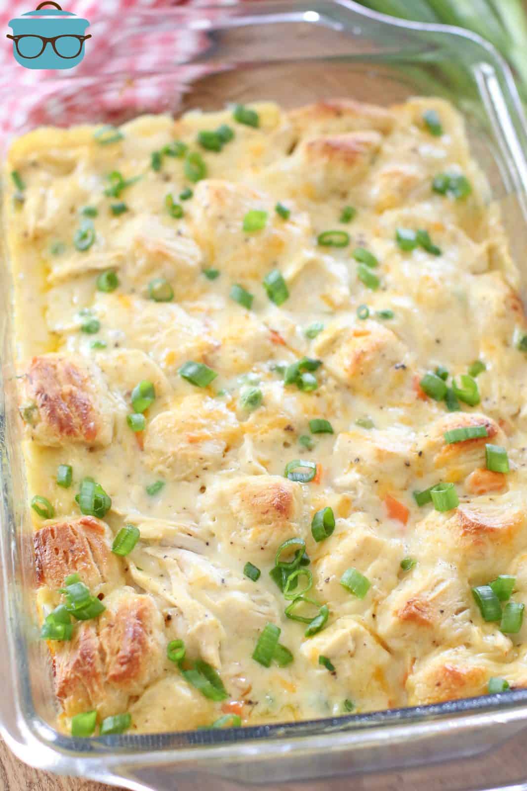 fully baked chicken and biscuits casserole in a glass baking dish.