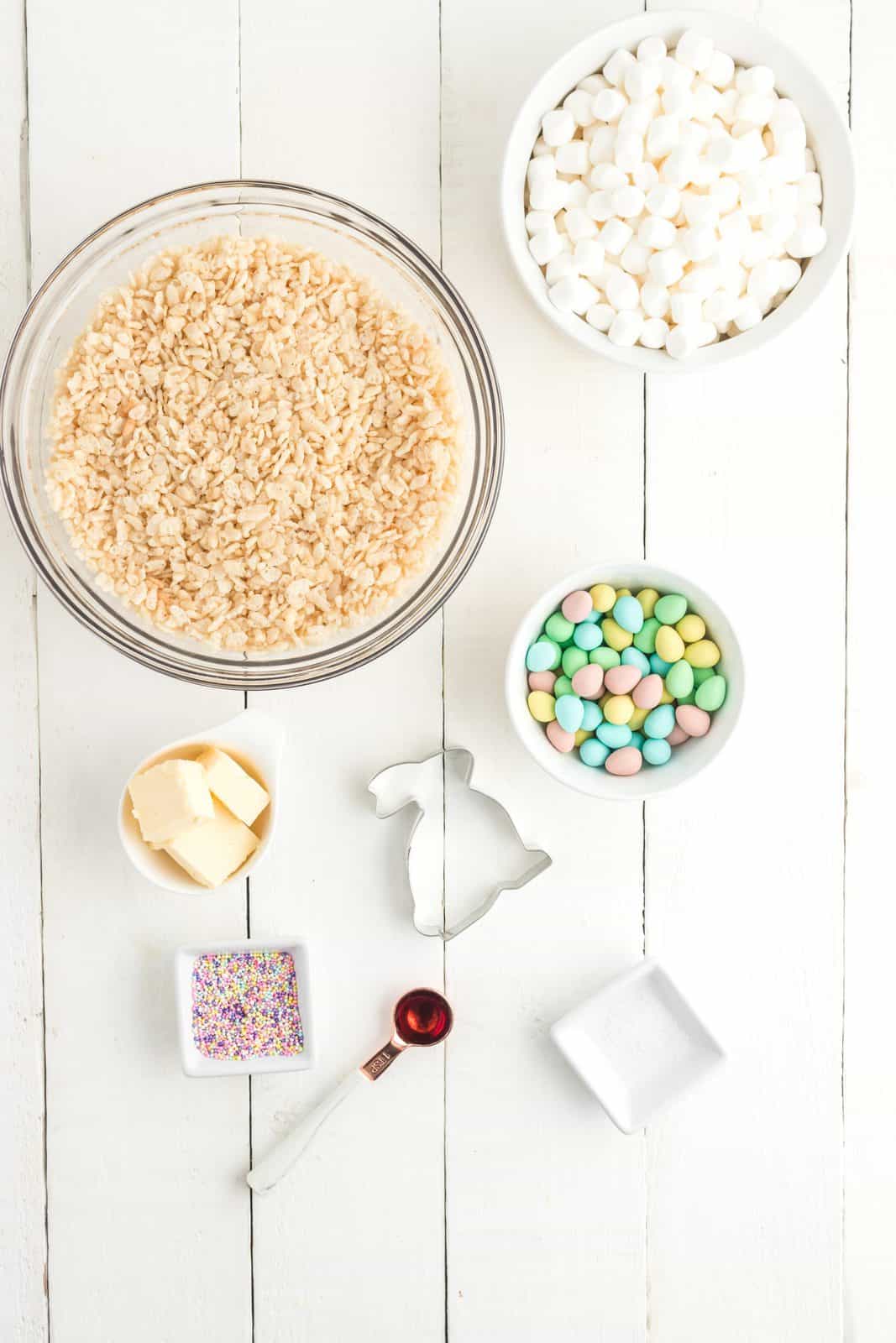Ingredients needed: unsalted butter, mini marshmallows, salt, vanilla extract, Rice Krispies cereal, Cadbury mini eggs, white chocolate chips and pastel nonpareils.