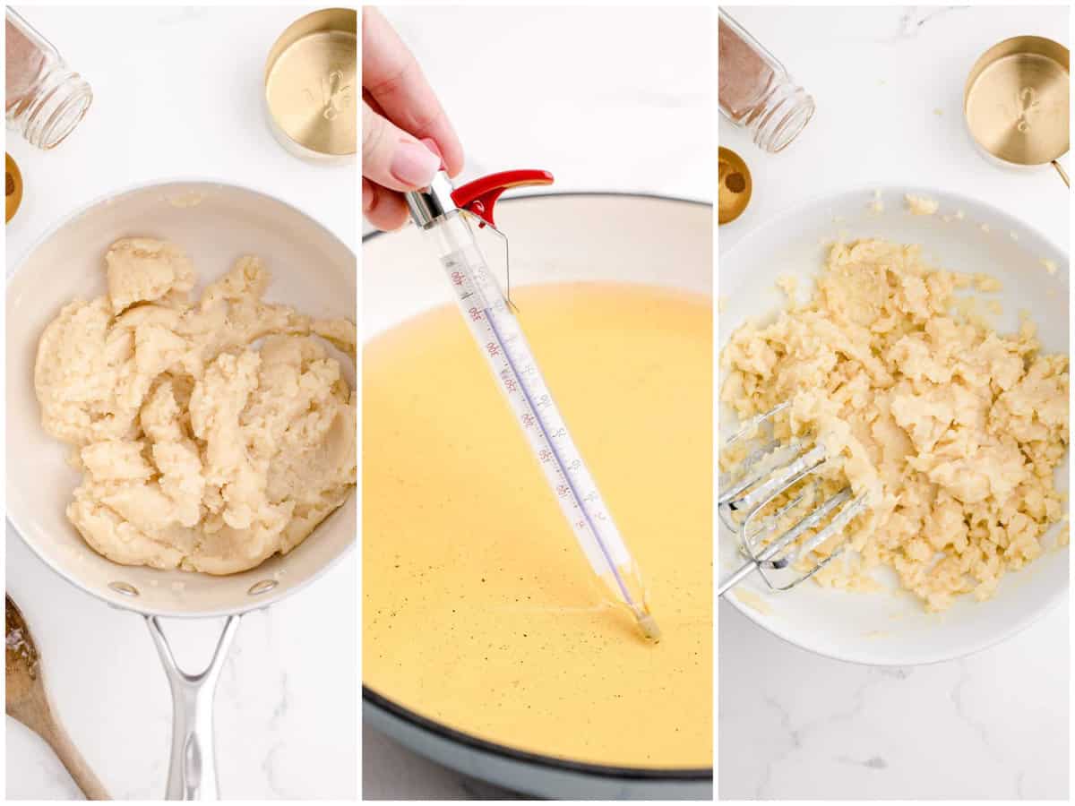 collage of three photos: flour added to pan with water and butter mixture mixed into a play-do like mixture; food thermometer inserted into oil in a pan to take temperature; egg added to flour mixture with hand mixer.