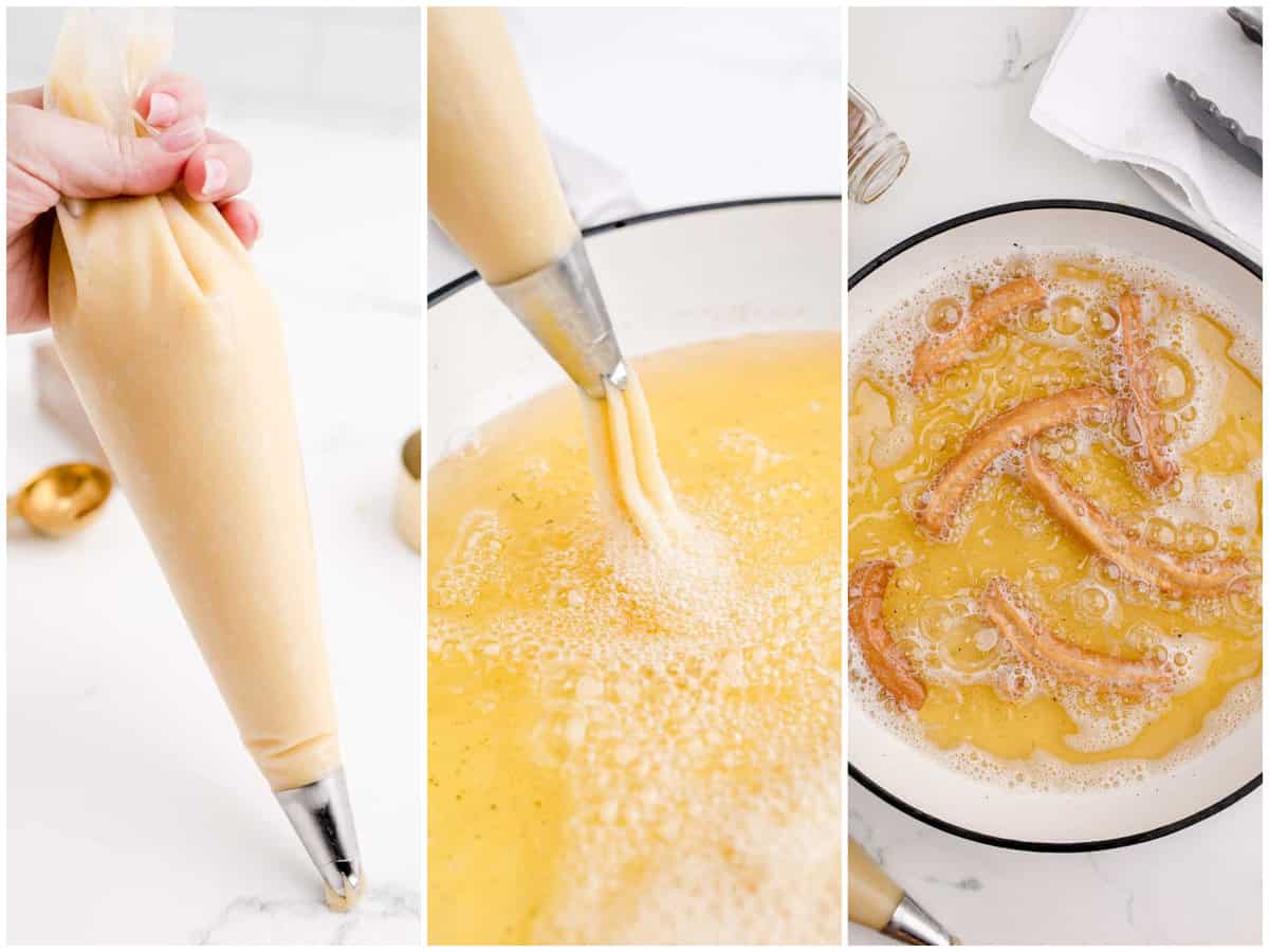 collage of three photo: churro batter in a piping bag; piping churro batter into hot oil in pan; churro pieces shown cooking in oil. 
