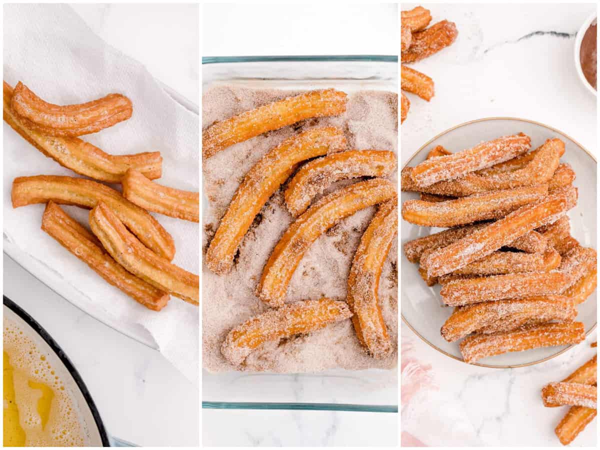 collage of three photos: cooked churros draining on a paper towel; rolling churros in cinnamon sugar mixture; churros shown on a serving platter. 