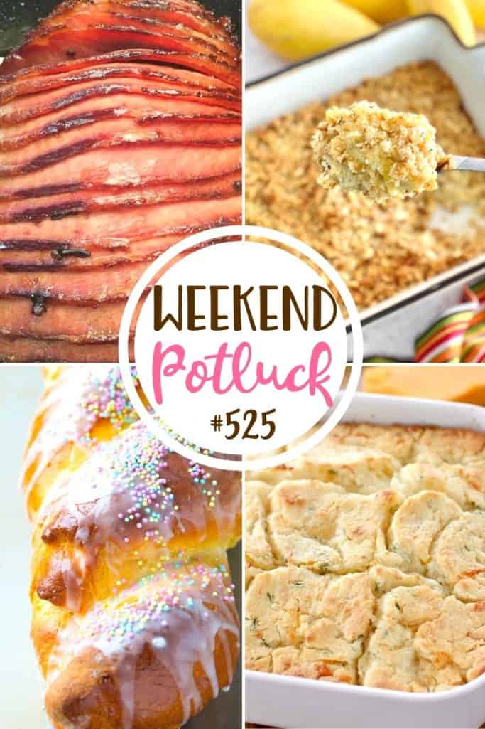 Weekend Potluck featured recipes: Squash Casserole, Italian Easter Bread, Baked Ham with Coca-Cola Glaze and Cheddar Garlic Butter Swim Biscuits.